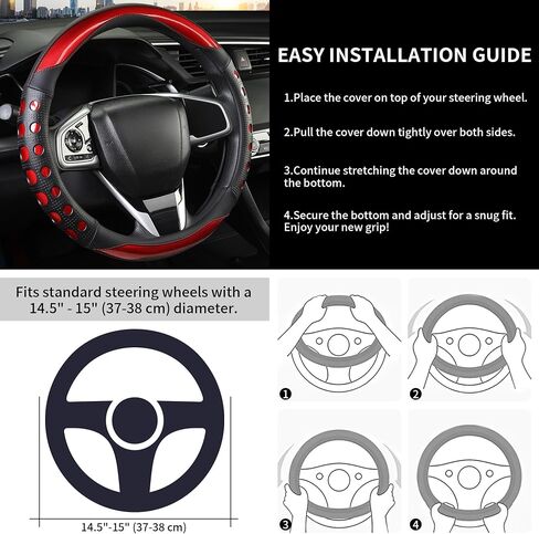 PU Leather Car Steering Wheel Cover with Anti-Slip Grip, for Women and Men, Universal Fit for 14.5-15 Inch Cars, Trucks, SUVs (Red (Round), Medium(Standard) Size[14 1/2''-15'']) in Kuwait