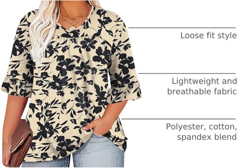 Micoson Womens Plus Size Tops 3/4 Ruffle Sleeve Shirt Casual V Neck Pleated T Shirt Loose Fit Tunic Blouse(1X-5X) in Saudi Arabia