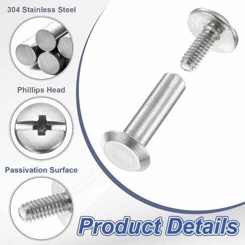 HARFINGTON 20set Chicago Screw M4x24mm 6mm Length Metal Phillips Nail Rivet Stud Bolts Rivets Binding Post Screw for DIY Leather Belt Bag Craft Bookbinding, Silver in Saudi Arabia