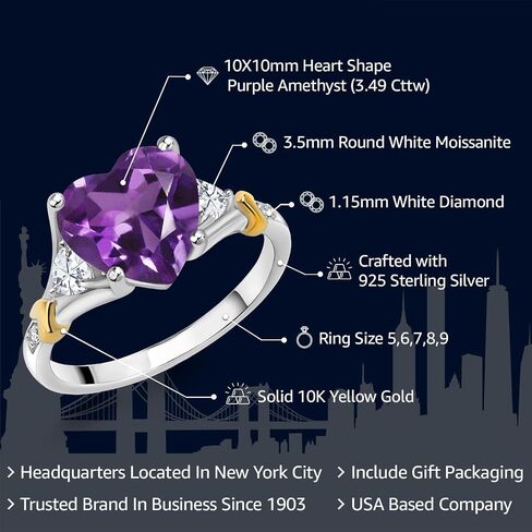 Gem Stone King 3-6 Cttw Heart Gemstone Birthstone White Moissanite and White Diamond Engagement Ring For Women | Center 10MM Heart | 925 Silver and 10K Yellow Gold | Available in Size 5,6,7,8,9 in Saudi Arabia