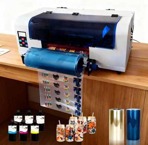 طابعة A3+ UV DTF، طابعة ملصقات UV، تصفيح تلقائي، تنظيف تلقائي، تأتي مع زجاجات حبر بحجم 6 × 500 مل ولفائف فيلم A/B in Saudi Arabia