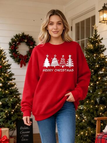 Christmas Sweatshirts for Women Christmas Tree Pullover Xmas Holiday Party Funny Long Sleeve Shirt Tops in Saudi Arabia