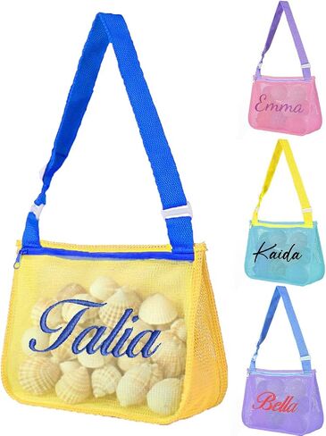 Personalized Embroidered Kids Beach Bags with Name，Custom Seashell Collecting Mesh Pool Toys Bag for Children, Adjustable Monogram Canvas Bag with Zipper, Swim Packable Shoulder Vaction Travel Beach in Saudi Arabia