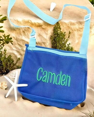 Personalized Embroidered Kids Beach Bags with Name，Custom Seashell Collecting Mesh Pool Toys Bag for Children, Adjustable Monogram Canvas Bag with Zipper, Swim Packable Shoulder Vaction Travel Beach in Saudi Arabia