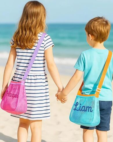 Personalized Embroidered Kids Beach Bags with Name，Custom Seashell Collecting Mesh Pool Toys Bag for Children, Adjustable Monogram Canvas Bag with Zipper, Swim Packable Shoulder Vaction Travel Beach in Saudi Arabia