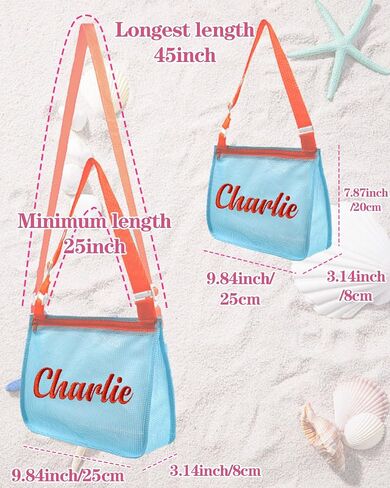 Personalized Embroidered Kids Beach Bags with Name，Custom Seashell Collecting Mesh Pool Toys Bag for Children, Adjustable Monogram Canvas Bag with Zipper, Swim Packable Shoulder Vaction Travel Beach in Saudi Arabia