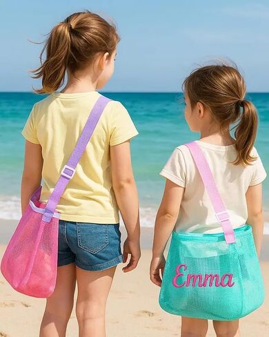 Personalized Embroidered Kids Beach Bags with Name，Custom Seashell Collecting Mesh Pool Toys Bag for Children, Adjustable Monogram Canvas Bag with Zipper, Swim Packable Shoulder Vaction Travel Beach in Saudi Arabia