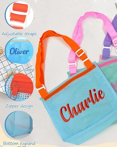 Personalized Embroidered Kids Beach Bags with Name，Custom Seashell Collecting Mesh Pool Toys Bag for Children, Adjustable Monogram Canvas Bag with Zipper, Swim Packable Shoulder Vaction Travel Beach in Saudi Arabia