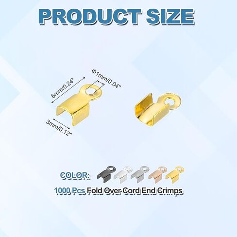 MECCANIXITY Fold Over Cord End Crimps, 0.51 x 0.24 Inch Metal Ribbon Crimp End Caps Clasp Tips for DIY Leather Bracelet Jewelry Craft Connectors, 5 Colors, Pack of 1000 in Saudi Arabia