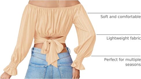 MIRACMODA Woman Off Shoulder Ruched Tie Back Lantern Sleeve Crop Tube Top Chiffon Blouse in Kuwait