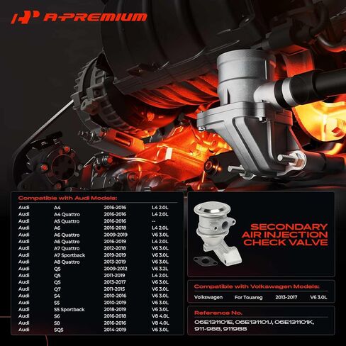 صمام فحص حقن الهواء الثانوي A-Premium متوافق مع Audi Q5، Q7، A4 A5 A6 A7 A8 Quattro، A7 S5 Sportback، S4، S5، S6، S8، SQ5 وVolkswagen Touareg، صمام التحكم في فحص مضخة الهواء مع حشية in Saudi Arabia