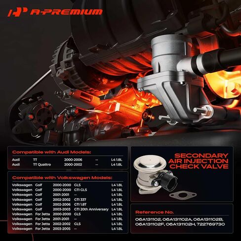 صمام فحص حقن الهواء الثانوي A-Premium متوافق مع Volkswagen Jetta 2000-2005، Golf 2000-2006 & Audi TT 2000-2006، TT Quattro 2000-2002، 1.8L، صمام التحكم في فحص مضخة الهواء مع حشية in Kuwait