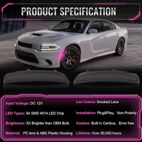 POPMOTORZ 2 قطعة مجموعة مصابيح LED جانبية باللون الوردي والأرجواني متوافقة مع 2015 2016 2017 2018 2019 2020 2021 2022 2023 دودج تشارجر الحاجز الخلفي LED مصابيح LED للعلامات الجانبية عدسة مدخنة in Kuwait