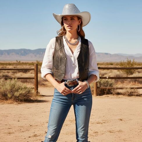 Hercicy Cowgirl Outfit for Women Silver Rhinestone Cowboy Hat with Bling Cuban Link Chain Necklace Bracelet Circle Earring in Saudi Arabia
