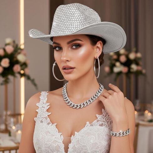 Hercicy Cowgirl Outfit for Women Silver Rhinestone Cowboy Hat with Bling Cuban Link Chain Necklace Bracelet Circle Earring in Saudi Arabia