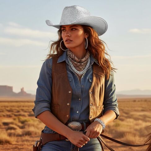 Hercicy Cowgirl Outfit for Women Silver Rhinestone Cowboy Hat with Bling Cuban Link Chain Necklace Bracelet Circle Earring in Saudi Arabia