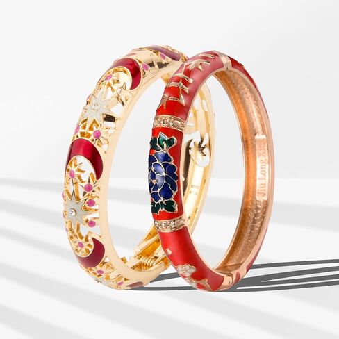 wynameleri Vintage Cloisonne Jewelry Gorgeous Rhinestone Handcrafted Bracelets Enamel Flower Bird Gold Hinged Cuff Bangles Gifts 88A in Kuwait