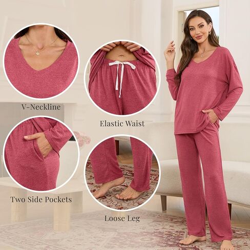 HEARTNICE Women's Ultra Soft V-Neck Long Sleeve Pajama Set - Lightweight & Stretchy PJs for Cozy Nights in Saudi Arabia