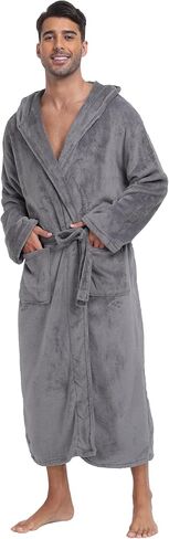 رداء حمام شتوي دافئ بغطاء للرأس للرجال من الصوف الناعم من الفلانيل الناعم مع جيوب، طول كامل in Kuwait