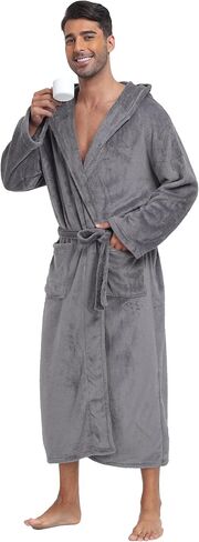 رداء حمام شتوي دافئ بغطاء للرأس للرجال من الصوف الناعم من الفلانيل الناعم مع جيوب، طول كامل in Kuwait