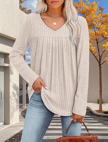 Long Sleeve Shirts for Women V Neck Lightweight Sweaters Casual Tunic Tops Outfits Fall Fashion Clothes 2025 in Saudi Arabia