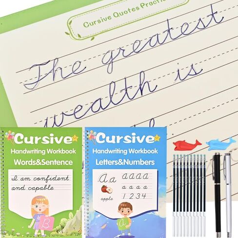 مجموعة أدوات الكتابة اليدوية - عبوتان من مجموعة مخطوطة لممارسة الكتابة السحرية مع أقلام حبر مختفية، وتعلم الحروف المتصلة والكلمات والجمل، ومصنف الخط المتصل للأطفال من سن 6 إلى 12 عامًا in Kuwait