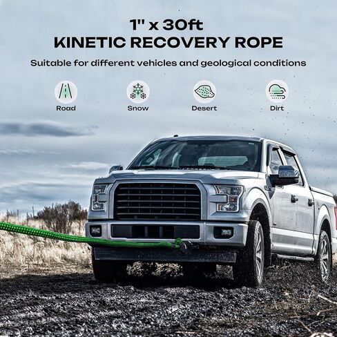 1" x 30ft Kinetic Recovery Rope, 48600lbs Break Strength, Kinetic Tow Rope kit with 2 UHMWPE Soft Shackles, 35% Elasticity Heavy-Duty Offroad Recovery Kit for Jeep ATV UTV SUV Truck Green in Saudi Arabia