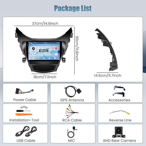 Roinvou 2+32G Android CarPlay Stereo for 2014-2016 Hyundai Elantra, Built-in Wireless CarPlay Radio with Android Auto, 9'' Touch Screen in-Dash GPS Navigation Support Mirror Link BT RDS AHD DSP in Kuwait