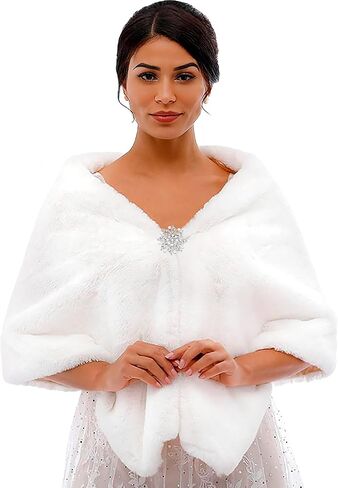 Bounzhi Women 's Wedding Faux Fur Shawl Wraps Bridal Wedding Scarf Stoles Faux Fur with brooch for Bride and Bridesmaids in Kuwait