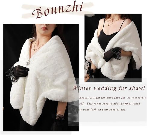 Bounzhi Women 's Wedding Faux Fur Shawl Wraps Bridal Wedding Scarf Stoles Faux Fur with brooch for Bride and Bridesmaids in Kuwait