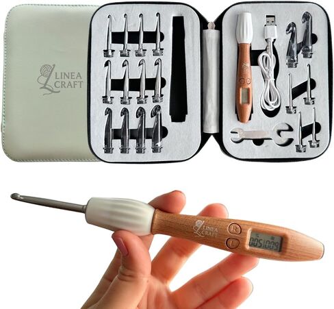 LineaCraft Counting Crochet Hook Set – 18 Sizes Interchangeable Hooks Kit, Light up, Digital Stitch & Row Counter, Ergonomic for Arthritic Hands with Pastel Crochet Hook Case – Crochet Gift in Saudi Arabia