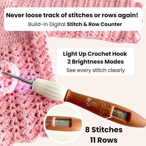 LineaCraft Counting Crochet Hook Set – 18 Sizes Interchangeable Hooks Kit, Light up, Digital Stitch & Row Counter, Ergonomic for Arthritic Hands with Pastel Crochet Hook Case – Crochet Gift in Saudi Arabia