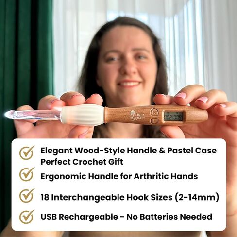 LineaCraft Counting Crochet Hook Set – 18 Sizes Interchangeable Hooks Kit, Light up, Digital Stitch & Row Counter, Ergonomic for Arthritic Hands with Pastel Crochet Hook Case – Crochet Gift in Saudi Arabia