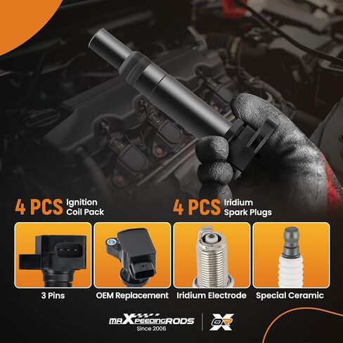 مجموعة maxpeedingrods UF540 مكونة من 4 قطع ملف إشعال وشمعات إشعال إيريديوم تناسب Mazda 3/3 Sport/6/CX-7 2006-2013 L4 2.0L 2.3L 2.5L، مجموعة ملف الإشعال تحل محل UF-540، L3G218100، L3G218100A in Kuwait