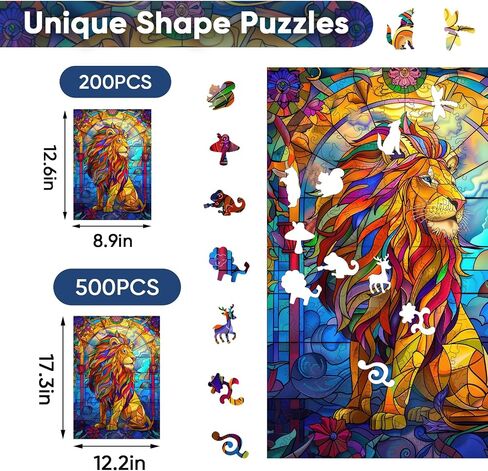 Ruikiyart Wooden Puzzles for Adults Stained Glass Lion Jigsaw Puzzles 500Pcs Unique Animal Shapes Puzzle Games Fabulous Gift for Kids and Adults on Birthday,Thanksgiving,Christmas 12.2x17.3 Inches in Kuwait