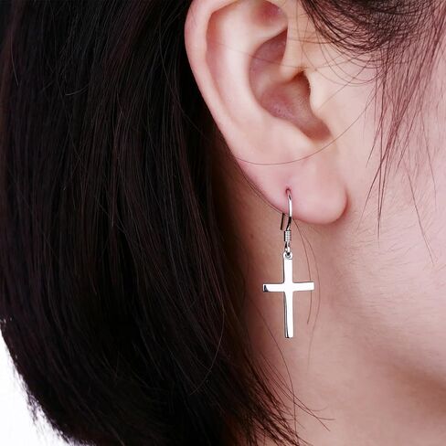 Han han 18K White Gold Plated Cross Earrings for Women, 925 Sterling Silver Cross Dangle Earrings, Simple Cross Hoop Earrings for Men Women, Silver/Rose Gold/Gold Color Cross Jewelry in Saudi Arabia