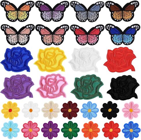 30pcs Butterfly Iron On Patches, Iron On Flower Patches, Sewing On Embroidered Appliques for Clothes Jeans Sweatshirts Hats Bag DIY Accessories(8 Butterflies, 14 Daisies, 8 Roses) in Saudi Arabia