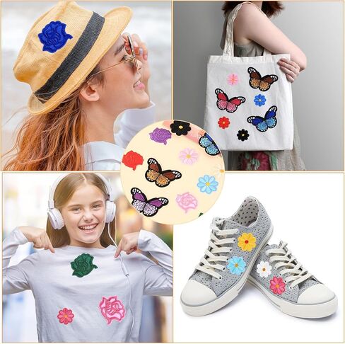 30pcs Butterfly Iron On Patches, Iron On Flower Patches, Sewing On Embroidered Appliques for Clothes Jeans Sweatshirts Hats Bag DIY Accessories(8 Butterflies, 14 Daisies, 8 Roses) in Saudi Arabia
