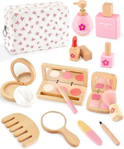 Wooden Pretend Makeup Kit for Girls Ages 3–5, Kids Pretend Play Cosmetic Set with Mirror, Lipstick, Nail Polish & Bag – Non Toxic Toy Makeup Set for Toddlers, Perfect Birthday in Saudi Arabia