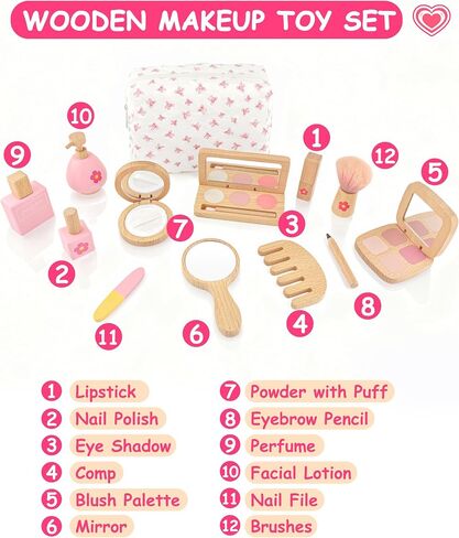 Wooden Pretend Makeup Kit for Girls Ages 3–5, Kids Pretend Play Cosmetic Set with Mirror, Lipstick, Nail Polish & Bag – Non Toxic Toy Makeup Set for Toddlers, Perfect Birthday in Saudi Arabia