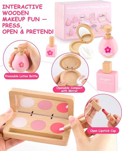 Wooden Pretend Makeup Kit for Girls Ages 3–5, Kids Pretend Play Cosmetic Set with Mirror, Lipstick, Nail Polish & Bag – Non Toxic Toy Makeup Set for Toddlers, Perfect Birthday in Saudi Arabia
