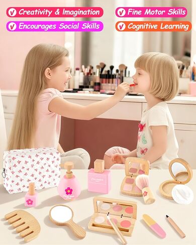 Wooden Pretend Makeup Kit for Girls Ages 3–5, Kids Pretend Play Cosmetic Set with Mirror, Lipstick, Nail Polish & Bag – Non Toxic Toy Makeup Set for Toddlers, Perfect Birthday in Saudi Arabia