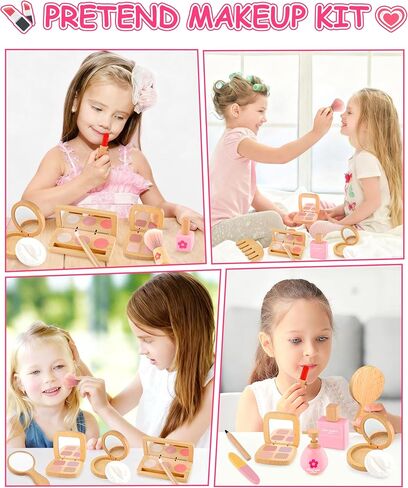 Wooden Pretend Makeup Kit for Girls Ages 3–5, Kids Pretend Play Cosmetic Set with Mirror, Lipstick, Nail Polish & Bag – Non Toxic Toy Makeup Set for Toddlers, Perfect Birthday in Saudi Arabia