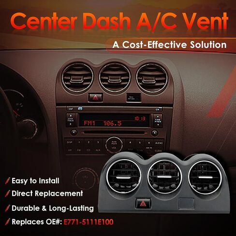Center Dash A/C Air Vent, Compatible with 2007-2012 Altima, Console AC Outlet Insert Grille Panel Hazard Emergency Switch Button, Replaces# E771-5111E100 in Saudi Arabia