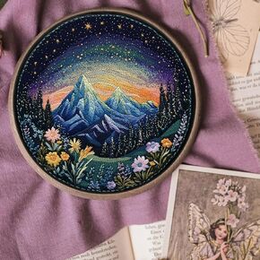 DIY Milky Way Scene Embroidery Kits for Adults, Knitting Thread with Mountain Patterns, Floral Cross Stitch, Includes Cloth, Hoop, Threads, Needles, Instructions, Art Craft Gift for Friends (White) in Kuwait