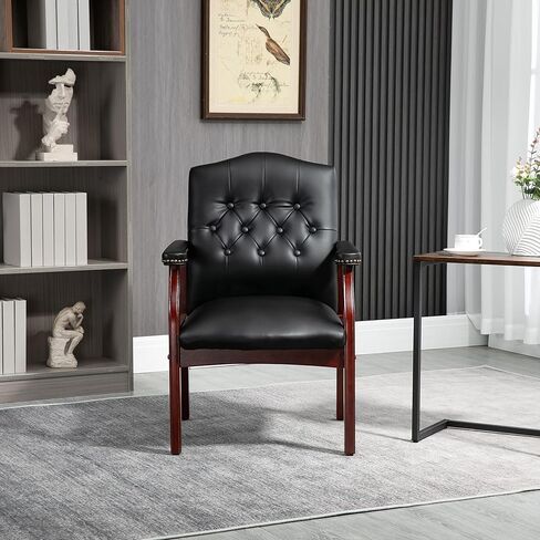 Leather Reception Guest Chair – Ergonomic Mid-Back Office Side Chair with Padded Seat & Arms, Mahogany Finish (Black) in Saudi Arabia