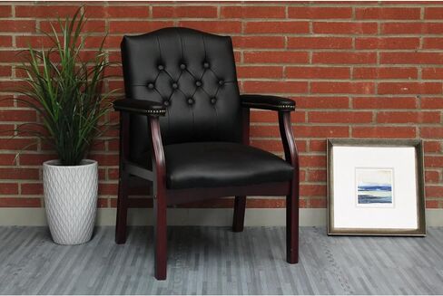 Leather Reception Guest Chair – Ergonomic Mid-Back Office Side Chair with Padded Seat & Arms, Mahogany Finish (Black) in Saudi Arabia