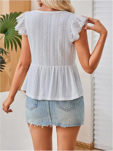 SweatyRocks Women's Stylish V Neck Eyelet Tops Ruffle Sleeve Peplum Tops for Women Dressy Shirts in Kuwait