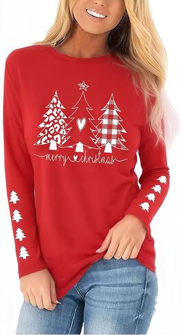 Christmas Snowman Snowflake Leopard Striped T-Shirt Women Cute Graphic Long Sleeve Casual Tunics Tops in Saudi Arabia