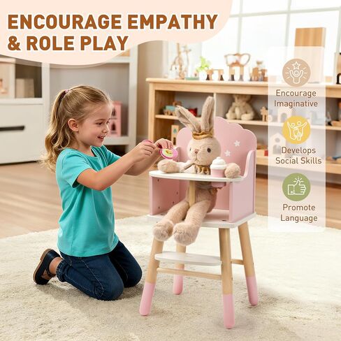 Wooden Baby Doll High Chair, Doll Furniture, Fits Up to 18 inch Baby Dolls, 18 inch Doll Accessories - Pink in Kuwait